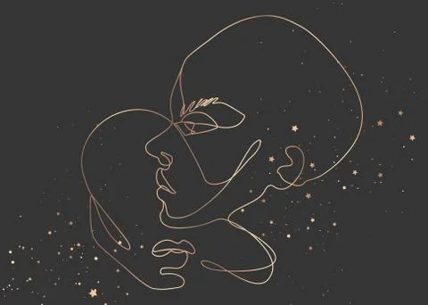 Continuous line vector drawing. Set of faces silhouettes. Abstract portrait. Stock Illustration