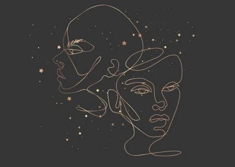 Continuous line vector drawing. Set of faces silhouettes. Abstract portrait. Stock Illustration