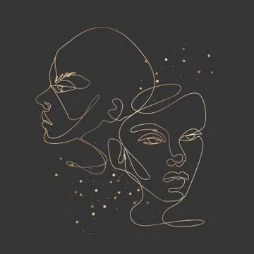 Continuous line vector drawing. Set of faces silhouettes. Abstract portrait. Stock Illustration