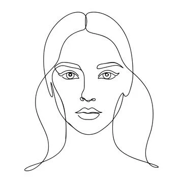 Continuous line of a woman face looking forward, minimalist portrait with l.. Ilustración de archivo