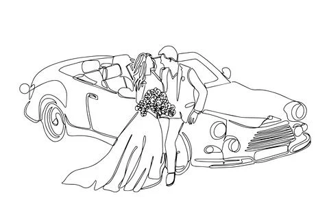 A continuous linear drawing of couples who love each other getting married. The Stock Illustration