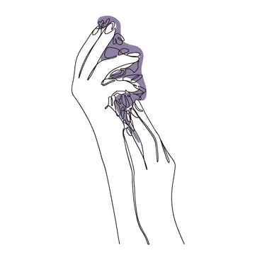 Continuous linear drawing of hands holding a flower. Minimalist style. Vector Stock Illustration