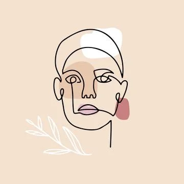 Continuous linear drawing of woman face with abstract floral elements, fashion Stock Illustration