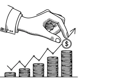 Continuous one black line closeup Businessman hand putting coin on stacks e.. Stock Illustration
