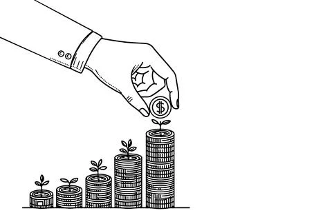 Continuous one black line closeup Businessman hand putting coin on stacks e.. Stock Illustration