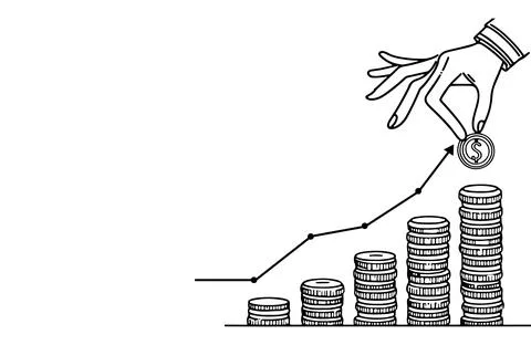 Continuous one black line closeup Businessman hand putting coin on stacks e.. Stock Illustration