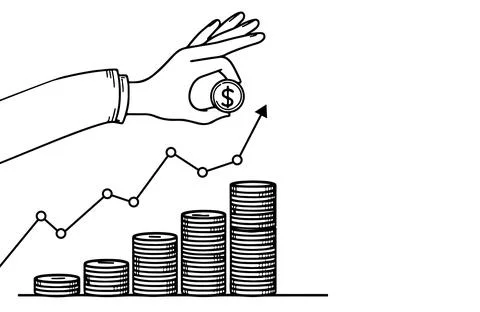 Continuous one black line closeup Businessman hand putting coin on stacks e.. Stock Illustration