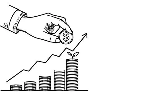 Continuous one black line closeup Businessman hand putting coin on stacks e.. Stock Illustration