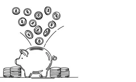 Continuous one black line coins falling in Piggy bank doodle style vector i.. Stock Illustration