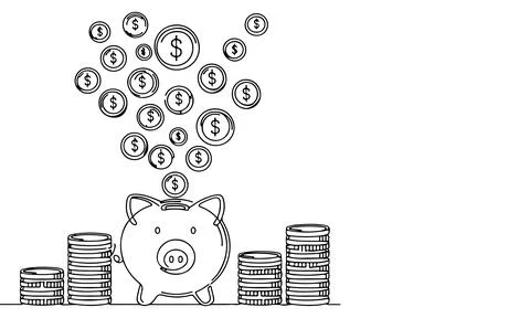 Continuous one black line coins falling in Piggy bank doodle style vector i.. Stock Illustration