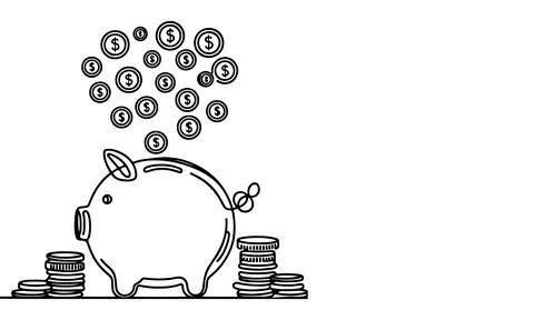 Continuous one black line coins falling in Piggy bank doodle style vector i.. Stock Illustration