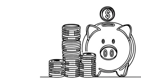Continuous one black line coins falling in Piggy bank doodle style vector i.. Stock Illustration