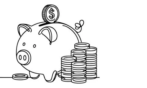 Continuous one black line coins falling in Piggy bank doodle style vector i.. Stock Illustration