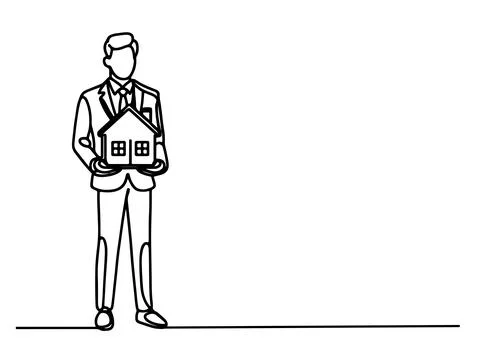 Continuous one black line drawing businessman hand holding house icon sign .. Stock Illustration