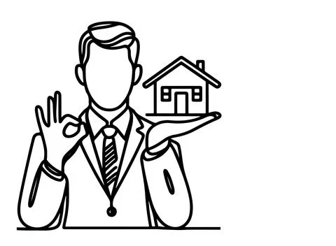 Continuous one black line drawing businessman hand holding house icon sign .. Stock Illustration
