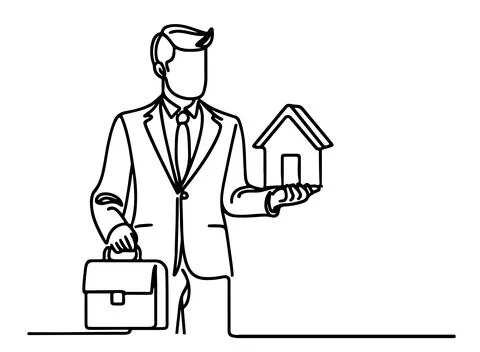 Continuous one black line drawing businessman hand holding house icon sign .. Stock Illustration