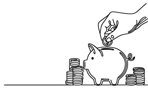 Continuous one black line hand putting coins falling in Piggy bank doodle s.. Stock Illustration