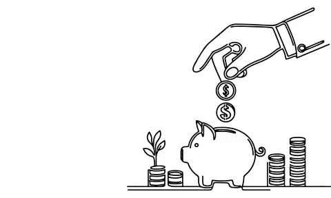 Continuous one black line hand putting coins falling in Piggy bank doodle s.. Stock Illustration