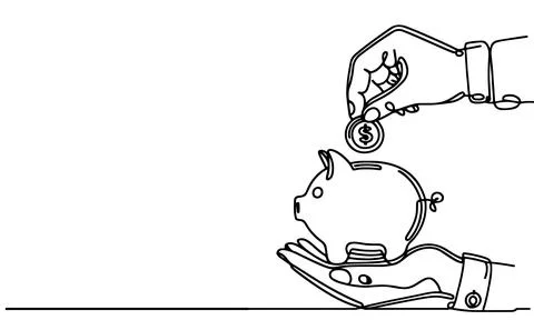 Continuous one black line hand putting coins falling in Piggy bank doodle s.. Stock Illustration