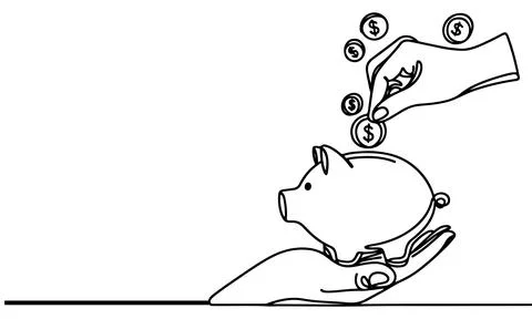 Continuous one black line hand putting coins falling in Piggy bank doodle s.. Stock Illustration