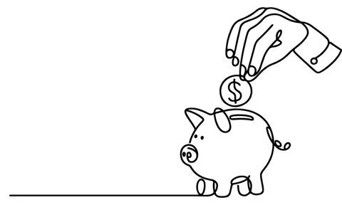 Continuous one black line hand putting coins falling in Piggy bank doodle s.. Stock Illustration