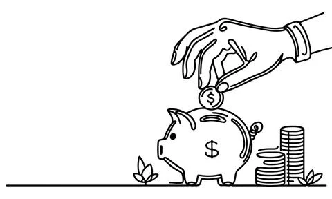 Continuous one black line hand putting coins falling in Piggy bank doodle s.. Stock Illustration
