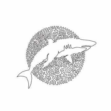 Continuous one curve line drawing of scary shark abstract art in circle. Stock Illustration