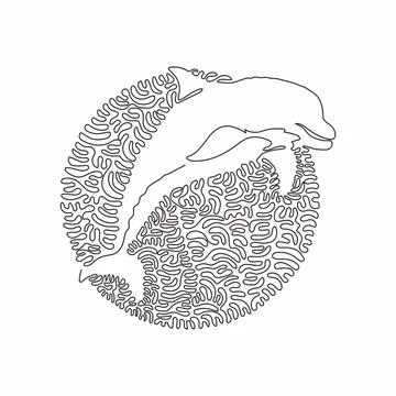 Continuous one curve line drawing of adorable dolphin abstract art in circle. Stock Illustration