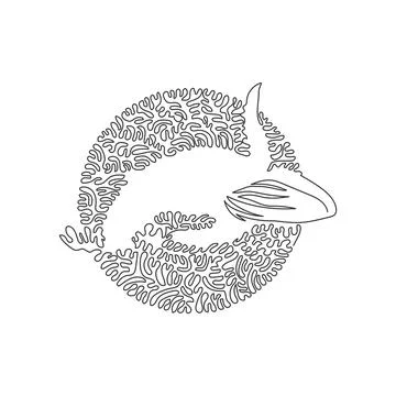 Continuous one curve line drawing of scary whale abstract art in circle. Stock Illustration