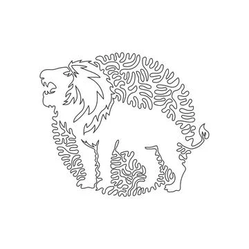 Continuous one curve line drawing of predatory lion. Abstract art in circle Illustrazione stock