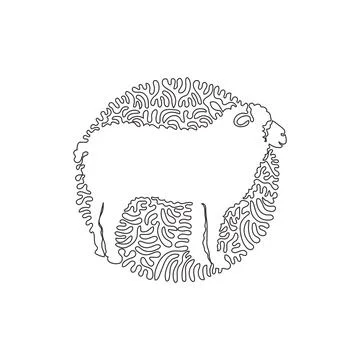 Continuous one curve line drawing of funny sheep abstract art in circle Stock Illustration