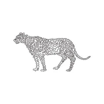 Continuous one curve line drawing of predatory cheetah abstract art in circle Stock Illustration