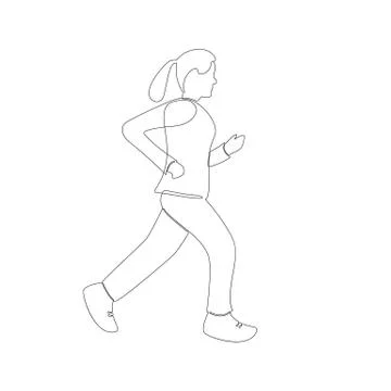 Continuous one drawn line silhouette girl dealing with sports nordic walking. Stock Illustration