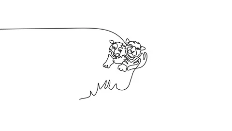 Continuous one line animation of big Tiger mom with her kids Stock Footage 227564236