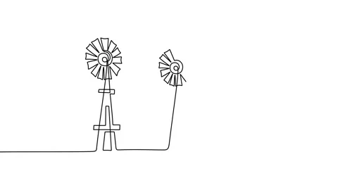 Continuous one line animation set windmills or wind turbines hand drawn line art Stock Footage 227454888