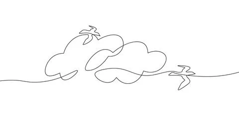 Continuous one line art cloud sky and birds. Stock-Illustration