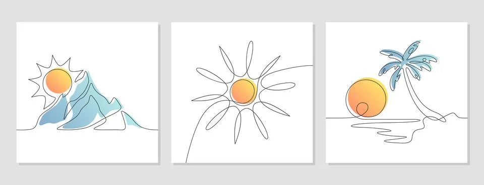 Continuous one line art drawing of sun, mountain, sea and island with palm tree Stock Illustration