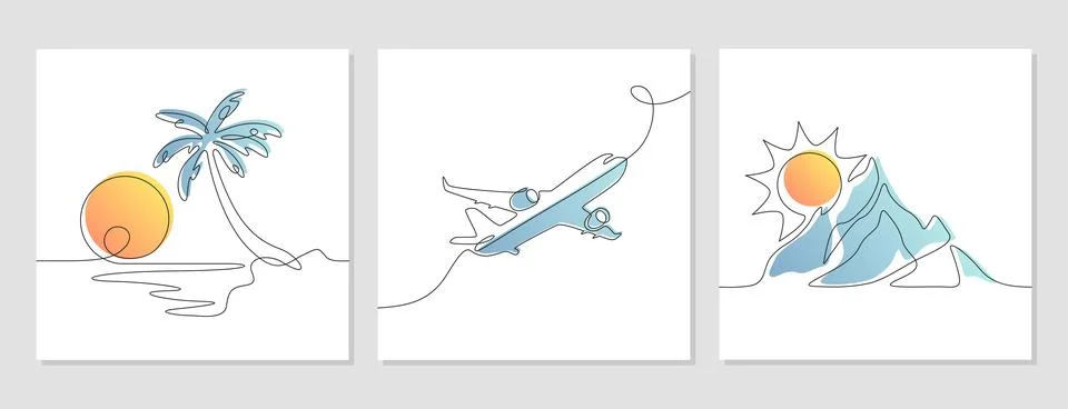 Continuous one line art drawing of sun, airplane, mountain, island with palm Stock Illustration
