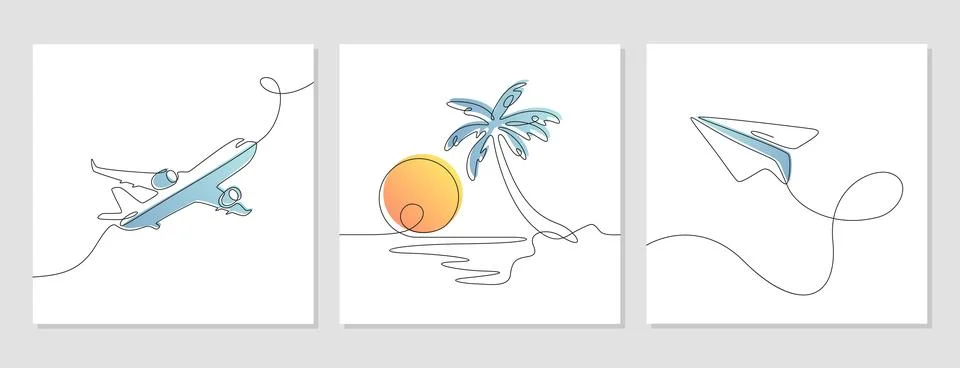 Continuous one line art drawing of sun, paper plane, sea and island with palm Stock Illustration
