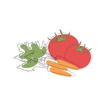 Continuous one line art of tomato and carrot. Stock Illustration