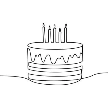 Continuous one line birthday cake drawing happy art outline cream. Happy Stock Illustration