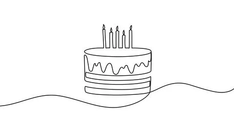 Continuous one line birthday cake drawing happy art outline cream. Happy Stock Illustration