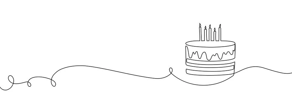 Continuous one line birthday cake drawing happy art outline cream. Happy Stock Illustration