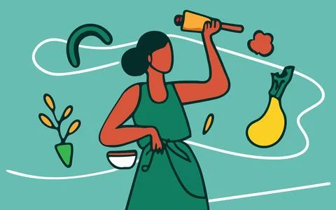 Continuous one line body positive people cooking Stock Illustration