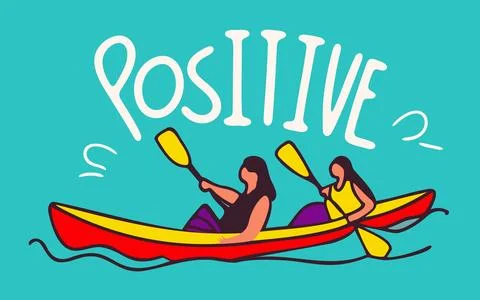 Continuous one line body positive people kayaking in positive mood Illustrazione stock
