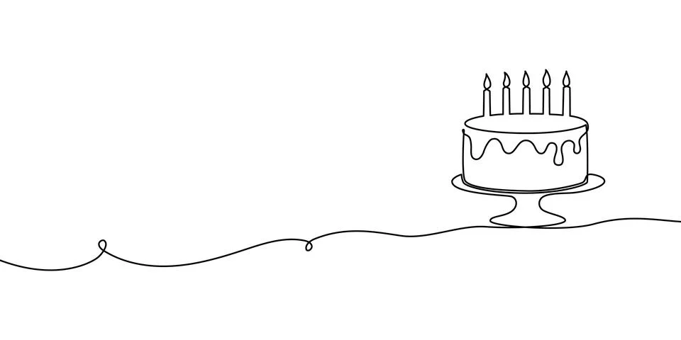 Continuous one line cake birthday drawing art anniversary vector outline simple Illustrazione stock