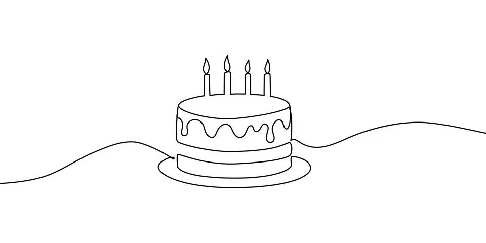 Continuous one line cake birthday drawing art anniversary vector outline Illustrazione stock