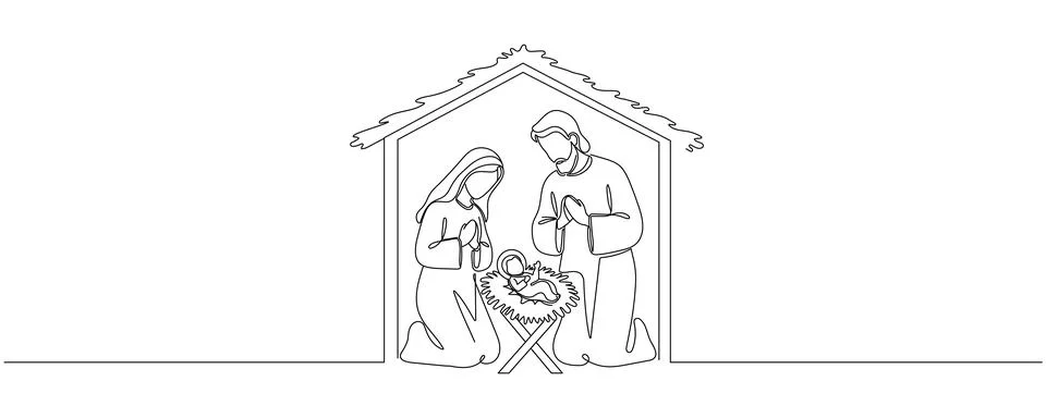 Continuous one line Christmas vector Christian nativity scene of baby Jesus.. Stock Illustration