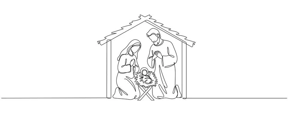 Continuous one line Christmas vector Christian nativity scene of baby Jesus w Stock Illustration