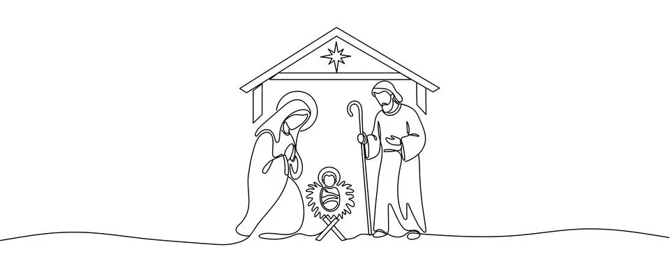 Continuous one line Christmas vector Christian nativity scene of baby Jesus.. Stock Illustration